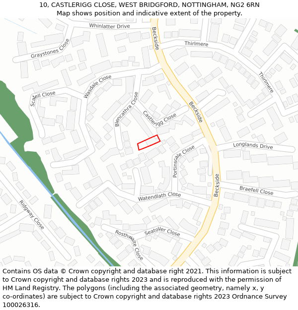 10, CASTLERIGG CLOSE, WEST BRIDGFORD, NOTTINGHAM, NG2 6RN: Location map and indicative extent of plot