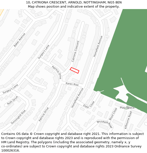 10, CATRIONA CRESCENT, ARNOLD, NOTTINGHAM, NG5 8EN: Location map and indicative extent of plot