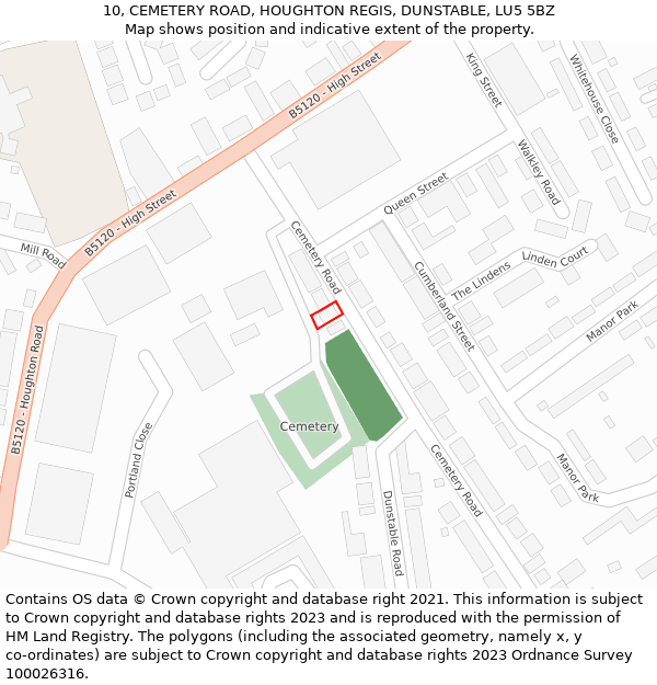 10, CEMETERY ROAD, HOUGHTON REGIS, DUNSTABLE, LU5 5BZ: Location map and indicative extent of plot