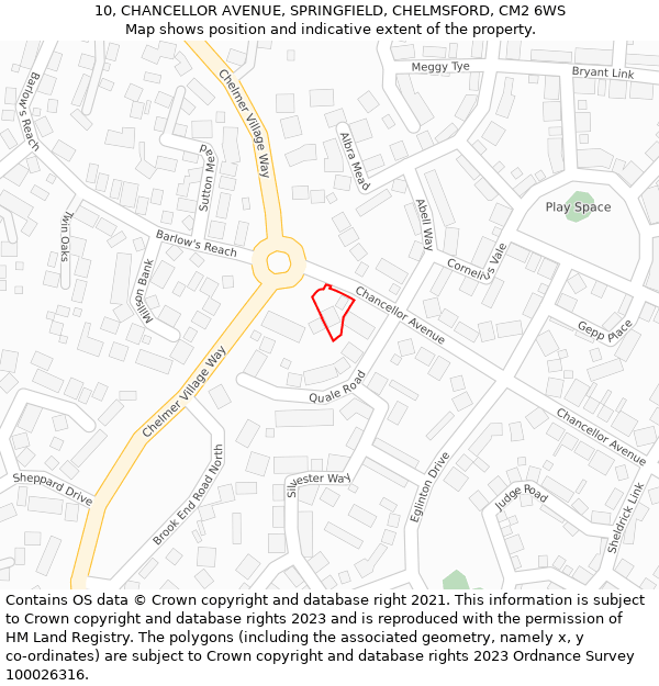 10, CHANCELLOR AVENUE, SPRINGFIELD, CHELMSFORD, CM2 6WS: Location map and indicative extent of plot