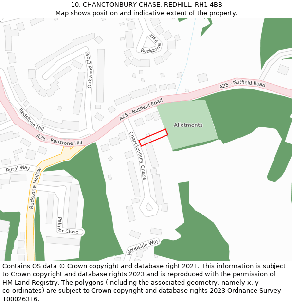 10, CHANCTONBURY CHASE, REDHILL, RH1 4BB: Location map and indicative extent of plot