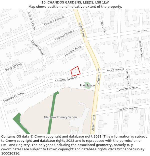 10, CHANDOS GARDENS, LEEDS, LS8 1LW: Location map and indicative extent of plot