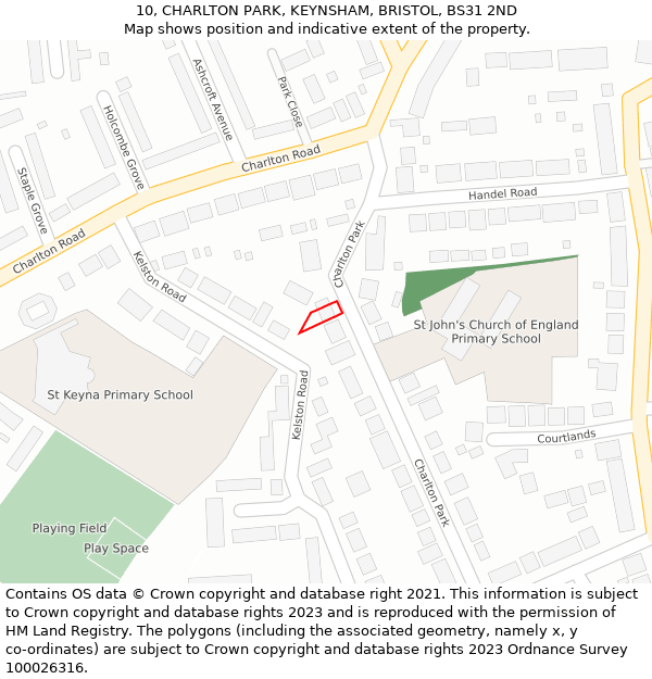 10, CHARLTON PARK, KEYNSHAM, BRISTOL, BS31 2ND: Location map and indicative extent of plot