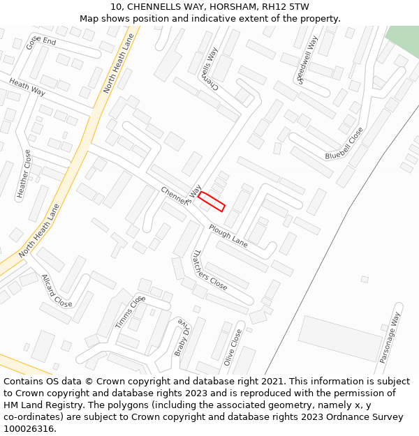 10, CHENNELLS WAY, HORSHAM, RH12 5TW: Location map and indicative extent of plot