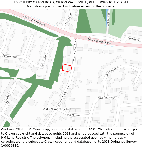 10, CHERRY ORTON ROAD, ORTON WATERVILLE, PETERBOROUGH, PE2 5EF: Location map and indicative extent of plot
