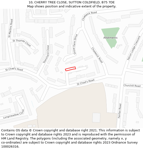 10, CHERRY TREE CLOSE, SUTTON COLDFIELD, B75 7DE: Location map and indicative extent of plot