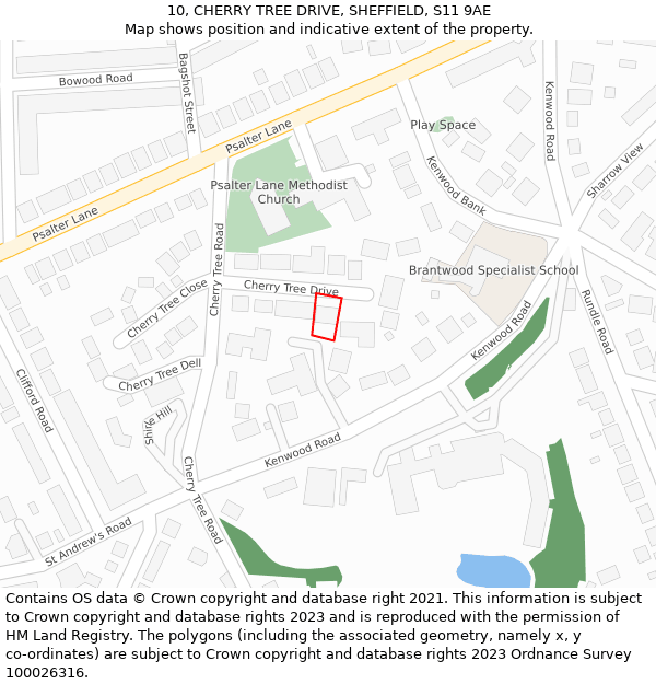 10, CHERRY TREE DRIVE, SHEFFIELD, S11 9AE: Location map and indicative extent of plot