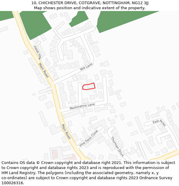 10, CHICHESTER DRIVE, COTGRAVE, NOTTINGHAM, NG12 3JJ: Location map and indicative extent of plot