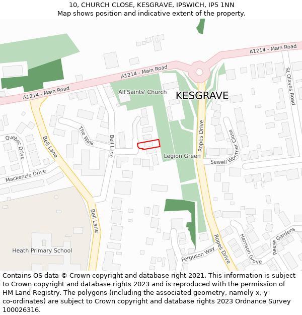 10, CHURCH CLOSE, KESGRAVE, IPSWICH, IP5 1NN: Location map and indicative extent of plot
