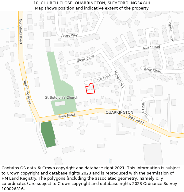 10, CHURCH CLOSE, QUARRINGTON, SLEAFORD, NG34 8UL: Location map and indicative extent of plot