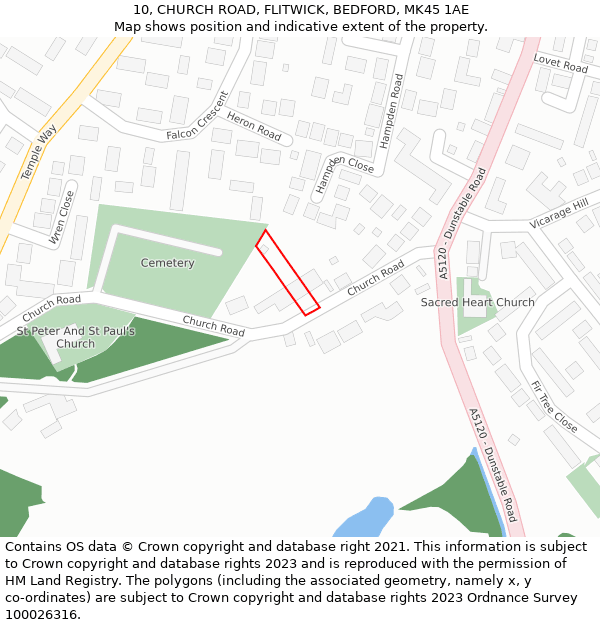 10, CHURCH ROAD, FLITWICK, BEDFORD, MK45 1AE: Location map and indicative extent of plot