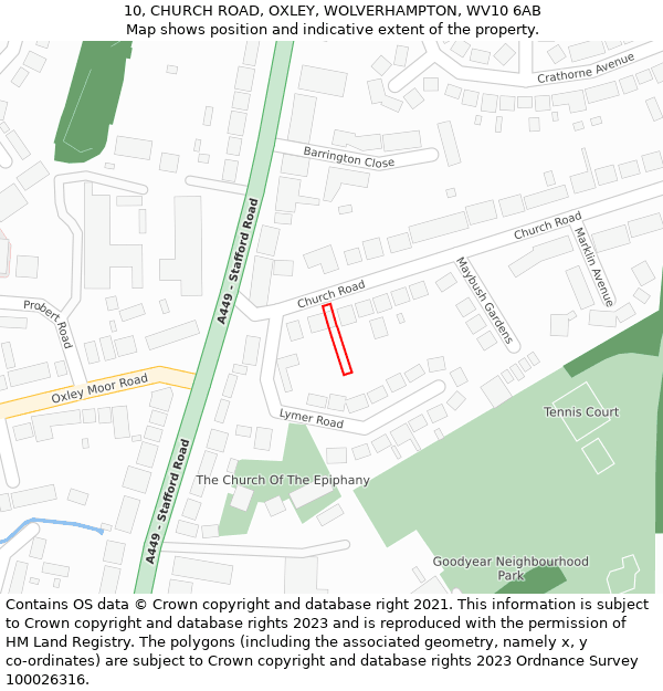 10, CHURCH ROAD, OXLEY, WOLVERHAMPTON, WV10 6AB: Location map and indicative extent of plot