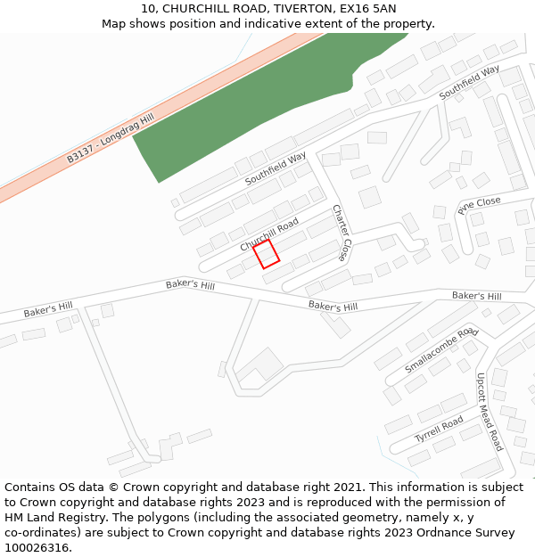 10, CHURCHILL ROAD, TIVERTON, EX16 5AN: Location map and indicative extent of plot