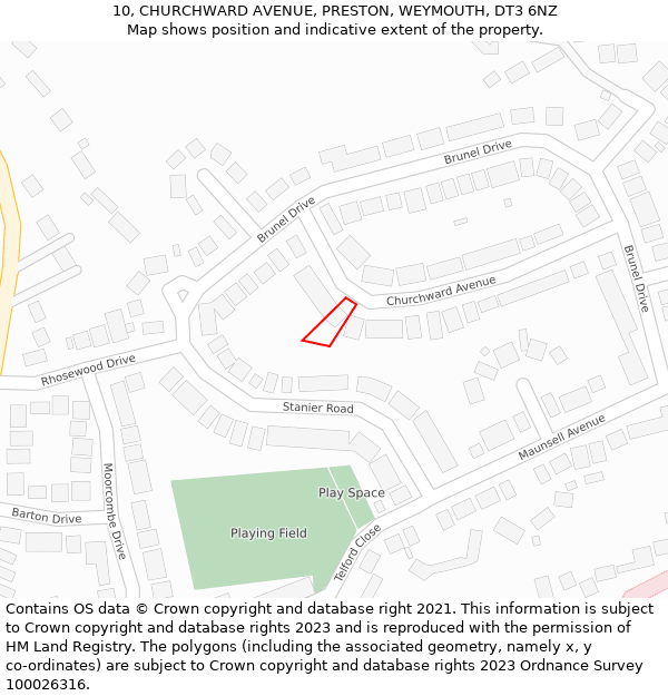 10, CHURCHWARD AVENUE, PRESTON, WEYMOUTH, DT3 6NZ: Location map and indicative extent of plot