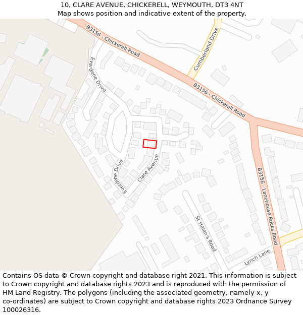 10, CLARE AVENUE, CHICKERELL, WEYMOUTH, DT3 4NT: Location map and indicative extent of plot