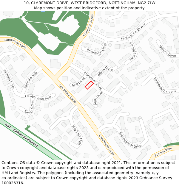 10, CLAREMONT DRIVE, WEST BRIDGFORD, NOTTINGHAM, NG2 7LW: Location map and indicative extent of plot