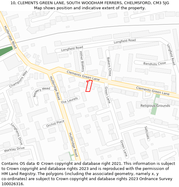 10, CLEMENTS GREEN LANE, SOUTH WOODHAM FERRERS, CHELMSFORD, CM3 5JG: Location map and indicative extent of plot