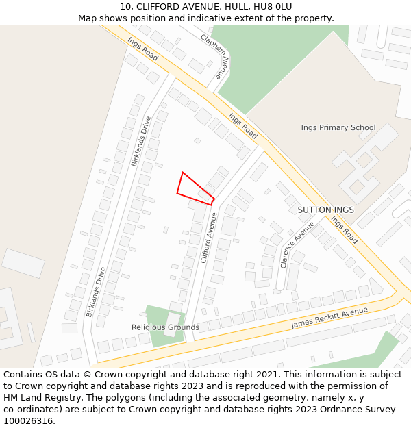 10, CLIFFORD AVENUE, HULL, HU8 0LU: Location map and indicative extent of plot