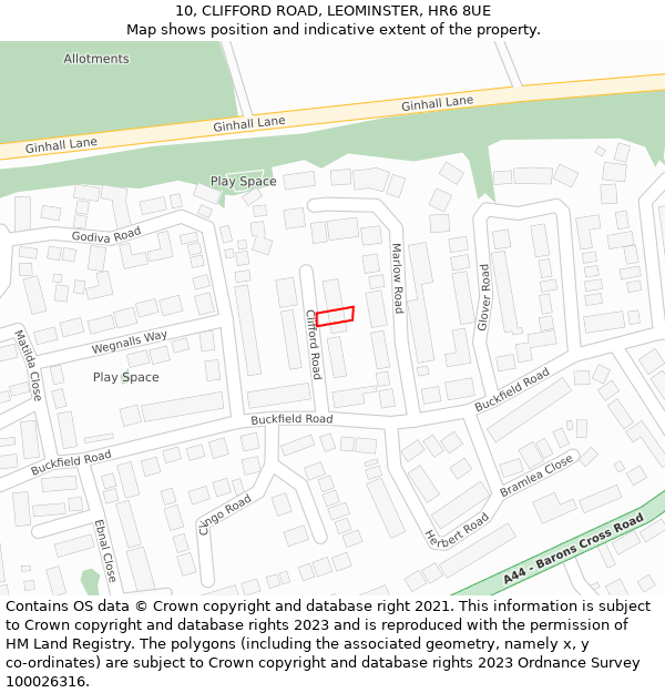 10, CLIFFORD ROAD, LEOMINSTER, HR6 8UE: Location map and indicative extent of plot