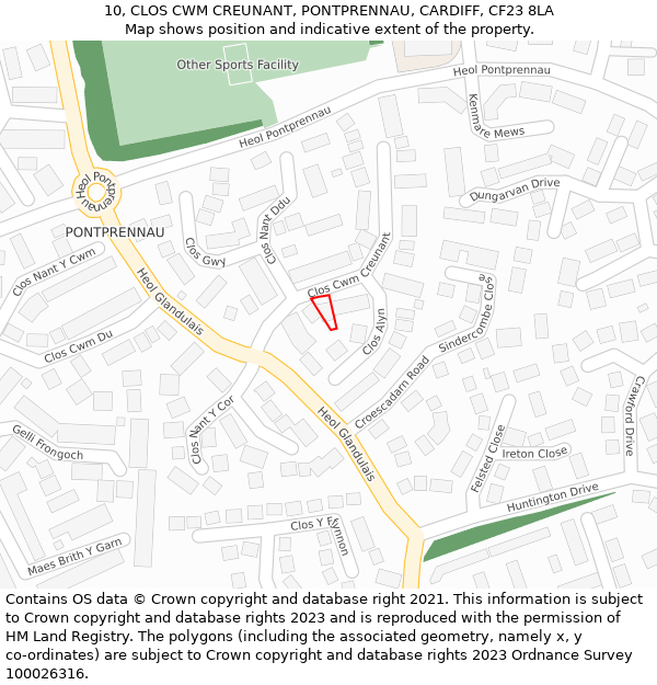 10, CLOS CWM CREUNANT, PONTPRENNAU, CARDIFF, CF23 8LA: Location map and indicative extent of plot