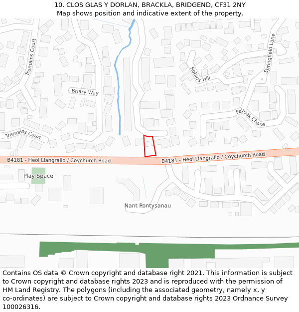 10, CLOS GLAS Y DORLAN, BRACKLA, BRIDGEND, CF31 2NY: Location map and indicative extent of plot