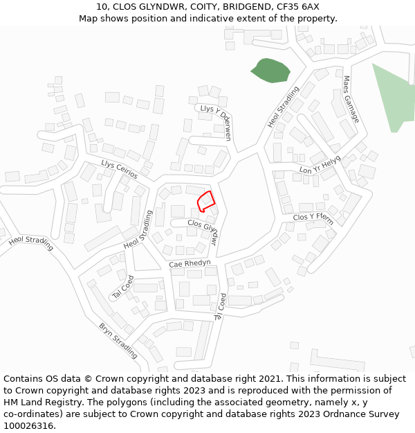 10, CLOS GLYNDWR, COITY, BRIDGEND, CF35 6AX: Location map and indicative extent of plot