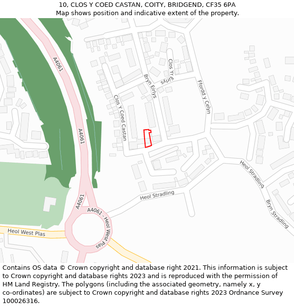 10, CLOS Y COED CASTAN, COITY, BRIDGEND, CF35 6PA: Location map and indicative extent of plot