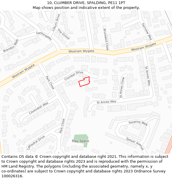 10, CLUMBER DRIVE, SPALDING, PE11 1PT: Location map and indicative extent of plot