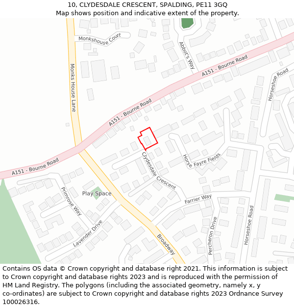 10, CLYDESDALE CRESCENT, SPALDING, PE11 3GQ: Location map and indicative extent of plot