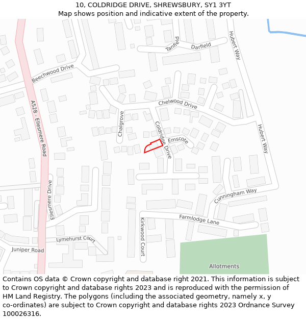 10, COLDRIDGE DRIVE, SHREWSBURY, SY1 3YT: Location map and indicative extent of plot