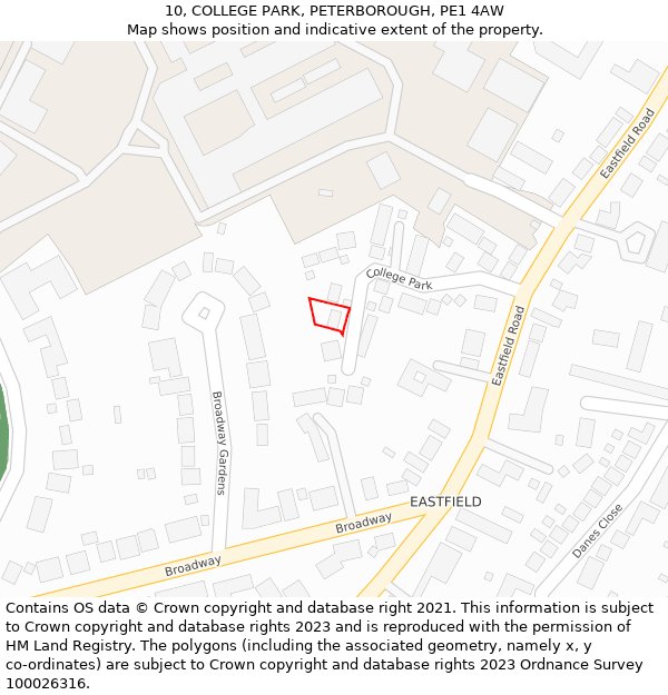 10, COLLEGE PARK, PETERBOROUGH, PE1 4AW: Location map and indicative extent of plot