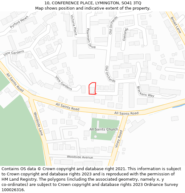 10, CONFERENCE PLACE, LYMINGTON, SO41 3TQ: Location map and indicative extent of plot