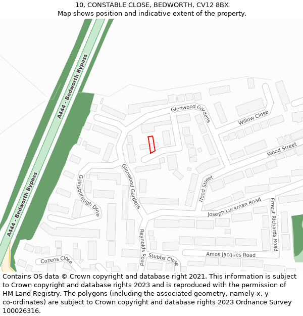 10, CONSTABLE CLOSE, BEDWORTH, CV12 8BX: Location map and indicative extent of plot