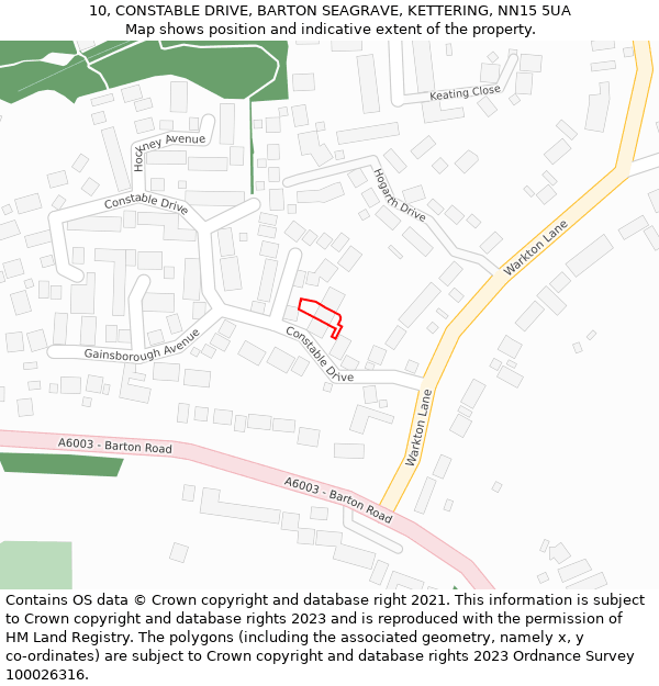 10, CONSTABLE DRIVE, BARTON SEAGRAVE, KETTERING, NN15 5UA: Location map and indicative extent of plot