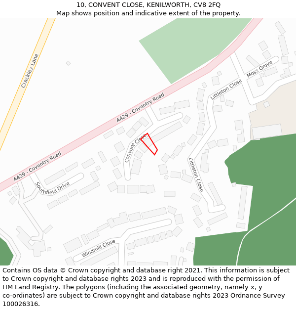 10, CONVENT CLOSE, KENILWORTH, CV8 2FQ: Location map and indicative extent of plot