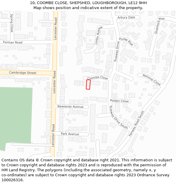 10, COOMBE CLOSE, SHEPSHED, LOUGHBOROUGH, LE12 9HH: Location map and indicative extent of plot