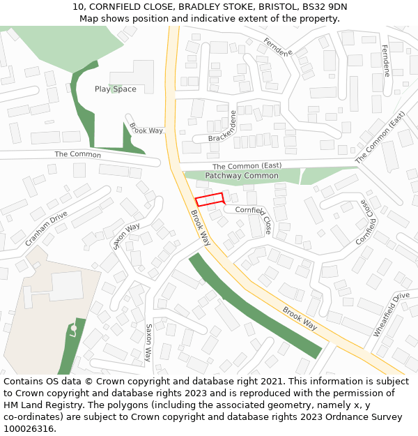 10, CORNFIELD CLOSE, BRADLEY STOKE, BRISTOL, BS32 9DN: Location map and indicative extent of plot