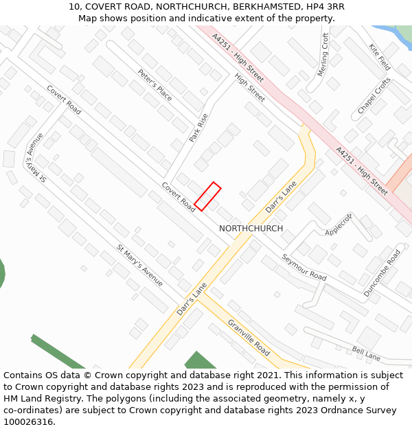 10, COVERT ROAD, NORTHCHURCH, BERKHAMSTED, HP4 3RR: Location map and indicative extent of plot