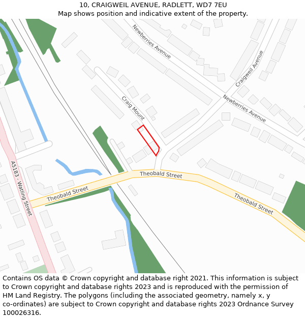 10, CRAIGWEIL AVENUE, RADLETT, WD7 7EU: Location map and indicative extent of plot