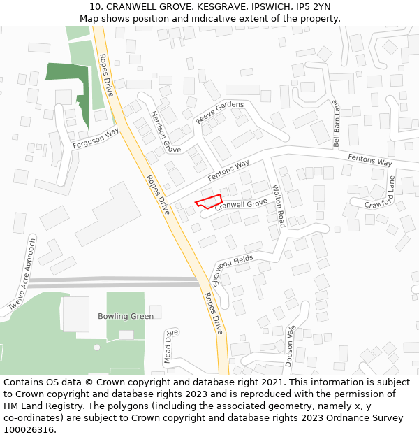 10, CRANWELL GROVE, KESGRAVE, IPSWICH, IP5 2YN: Location map and indicative extent of plot