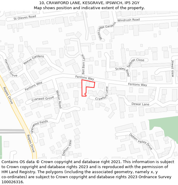 10, CRAWFORD LANE, KESGRAVE, IPSWICH, IP5 2GY: Location map and indicative extent of plot