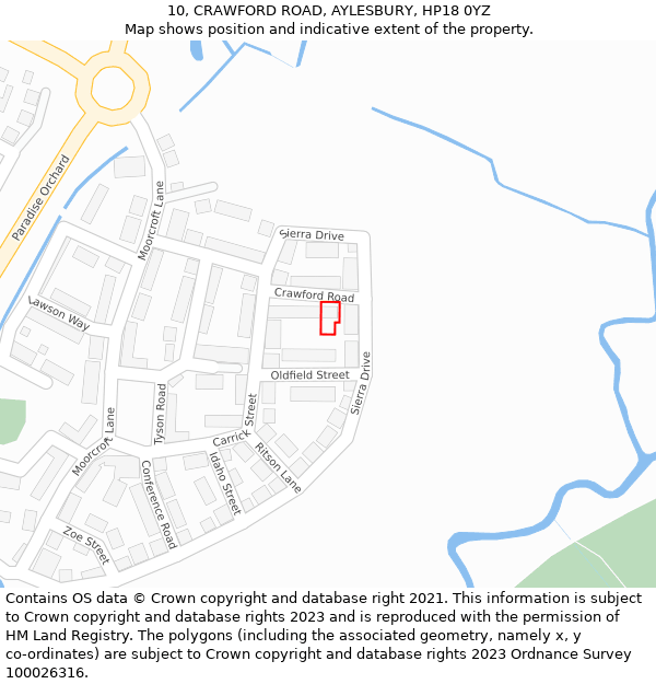 10, CRAWFORD ROAD, AYLESBURY, HP18 0YZ: Location map and indicative extent of plot