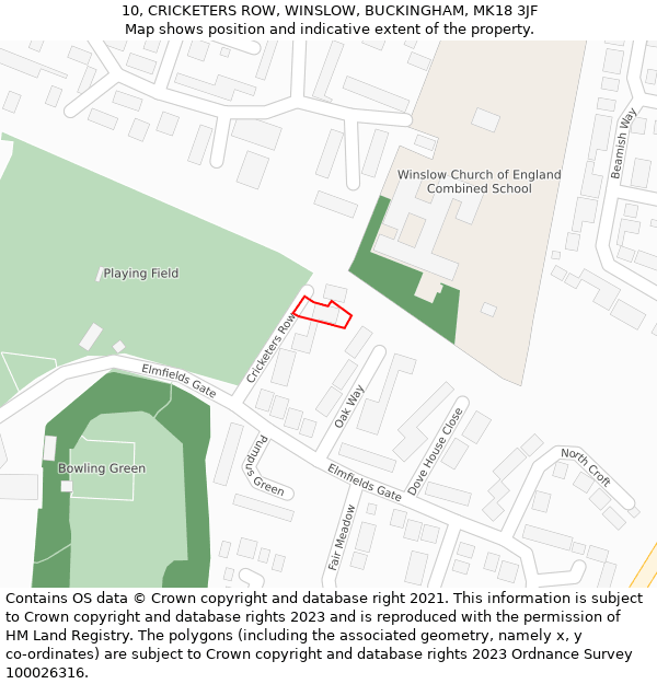 10, CRICKETERS ROW, WINSLOW, BUCKINGHAM, MK18 3JF: Location map and indicative extent of plot