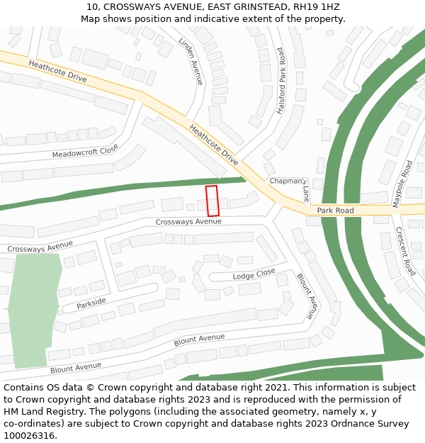 10, CROSSWAYS AVENUE, EAST GRINSTEAD, RH19 1HZ: Location map and indicative extent of plot