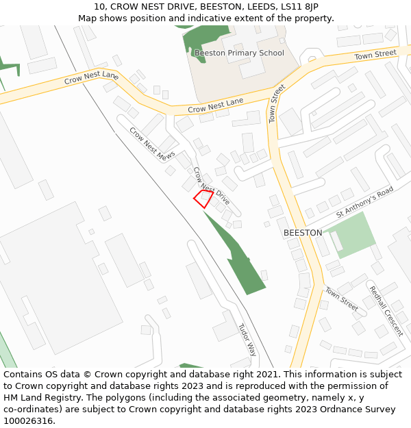 10, CROW NEST DRIVE, BEESTON, LEEDS, LS11 8JP: Location map and indicative extent of plot