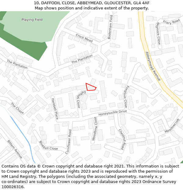 10, DAFFODIL CLOSE, ABBEYMEAD, GLOUCESTER, GL4 4AF: Location map and indicative extent of plot