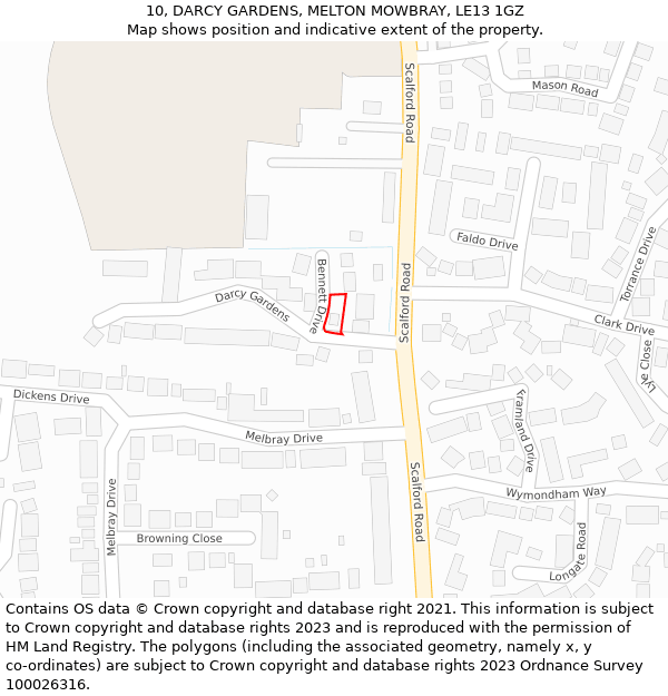 10, DARCY GARDENS, MELTON MOWBRAY, LE13 1GZ: Location map and indicative extent of plot