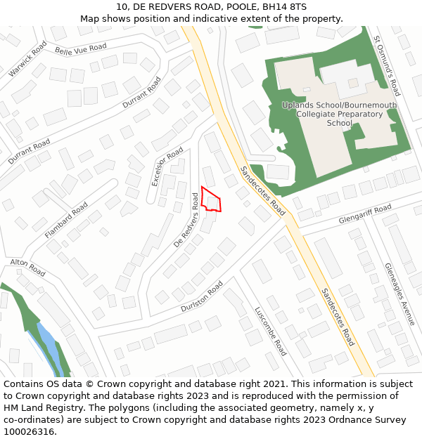 10, DE REDVERS ROAD, POOLE, BH14 8TS: Location map and indicative extent of plot
