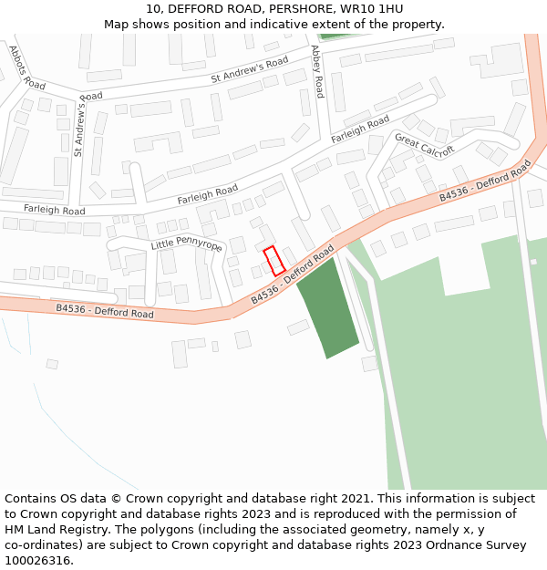 10, DEFFORD ROAD, PERSHORE, WR10 1HU: Location map and indicative extent of plot