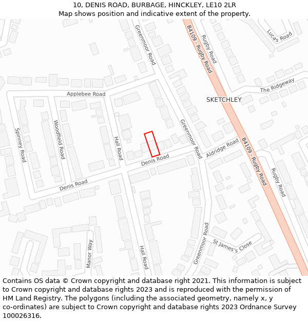 10, DENIS ROAD, BURBAGE, HINCKLEY, LE10 2LR: Location map and indicative extent of plot